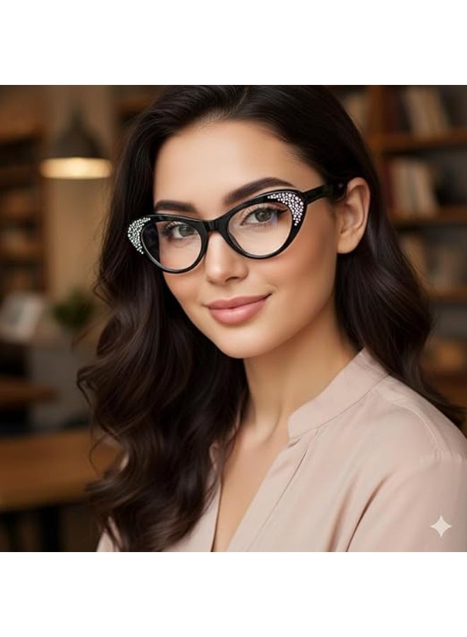 My souq store :Women's Luxury Cat-Eye Glasses - Black Frame with Rhinestone Crystals - Clear Lens Fashion Eyewear.(+3) - Image 2